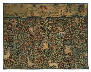 Fragmento de tapiz Mille fleurs con animales, pájaros y paisaje, c.1500 (lana)