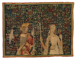 Fragmento de tapiz Mille fleurs con pastor y pastora o dama y joven (lana y seda)