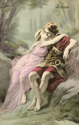 Joven y chica romanos (litografía en color)