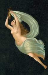 Muchacha semidesnuda, vestida de diáfana, sosteniendo una lámpara (litografía en color)