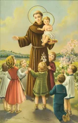 San Francisco de Asís con el Niño Jesús y los niños (litografía en color)