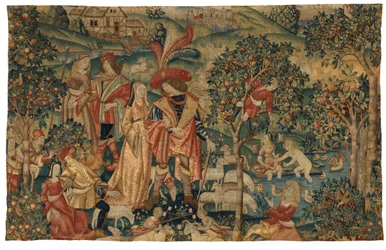 Tapiz que representa una escena pastoral con recogida de fruta, o El señor en su parque o Alianza rural y recogida de fruta, c.1500 (lana y seda)
