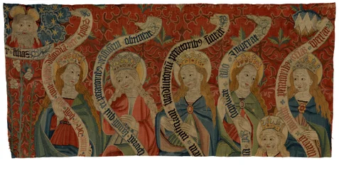 Fragmento de tapiz que representa al Todopoderoso y a seis santas mujeres, probablemente de un antependium, finales del siglo XV (lana)