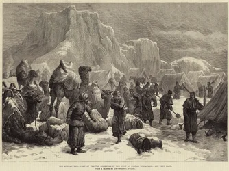La guerra afgana, campamento del 3º Goorkhas en la nieve en Sultan Mohammed (grabado)