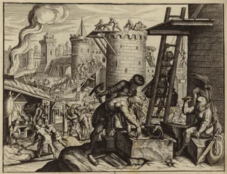 Los judíos reconstruyendo los muros de Jerusalén (grabado)