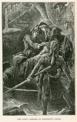 El grupo se embarca en la canoa de Hawkeye (grabado)