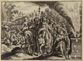 El fuego de Dios quemando el sacrificio de Elías en lugar del de Baal (grabado)