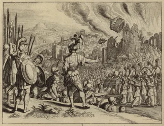 Las trompetas de Josué derribando los muros de Jericó (grabado)