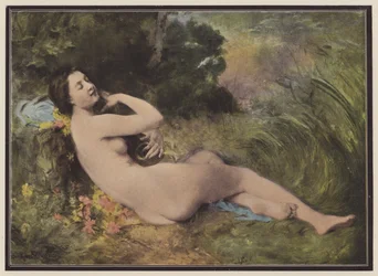 Mujer con un instrumento musical (litografia en color)