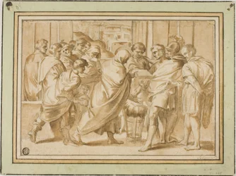 Escena de la historia romana, con figura vestida presentando un libro al gobernante