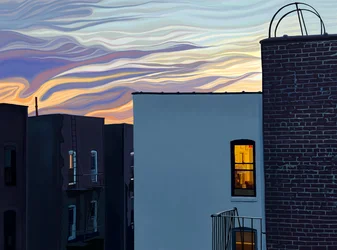 Edificios de apartamentos y ventanas brillantes con cielo dramático y nubes al atardecer en el crepúsculo de verano.(arte digital)