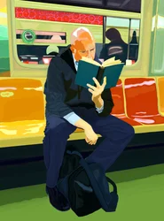 Libro azul, hombre calvo, tren F, 2019 (dibujado a mano en un iPad con un lápiz Apple)