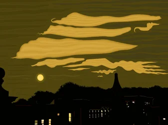 Nubes, luna y parque desde el tejado (arte digital)