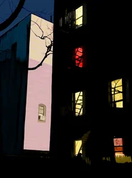 Coloridas ventanas de edificios de apartamentos por la noche Brooklyn (arte digital)
