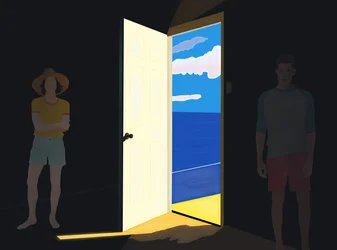 Pareja en casa de playa, Brooklyn (arte digital)