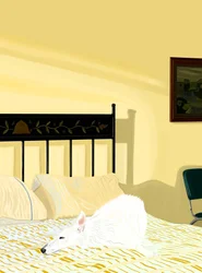Perro descansando en la cama, c.2020-24 (arte digital)
