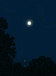 Casa con hastial y luna de noche, sombras de árboles