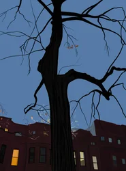Casas y árboles de noche, Brooklyn. (arte digital)