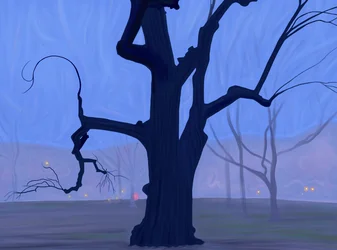 Gran árbol azul solo en el campo en la mañana brumosa crepúsculo Brooklyn (arte digital)