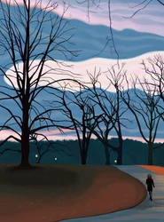 Hombre haciendo ejercicio en Prospect Park al amanecer Crepúsculo.(arte digital)