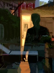 Hombre reflejado en una ventana al amanecer, Brooklyn (arte digital)