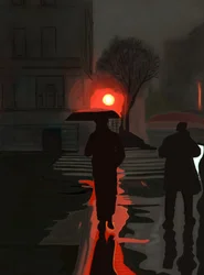 Hombre caminando bajo la lluvia de noche (arte digital)