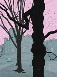 Árbol viejo, casa vieja y coche, Brooklyn (arte digital)