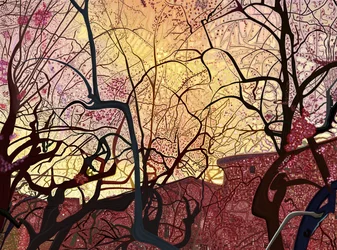 Cielo naranja, edificios y árboles en primavera (arte digital)
