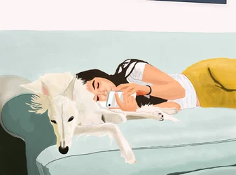 Penny y Ava en el sofá de casa (arte digital)