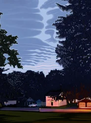 Calle y casas con grandes árboles en Hamilton, Nueva York al atardecer (arte digital)
