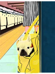 Cercanías con perro en la bolsa, Brooklyn (arte digital)