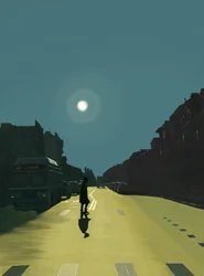 Sol y mujer caminando por la calle Novena (arte digital)