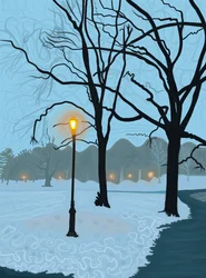 Árbol reflejado en un charco de nieve derretida, Brooklyn (arte digital)