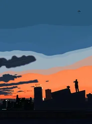 Vista del puerto de Nueva York desde el tejado, al final del verano (arte digital)