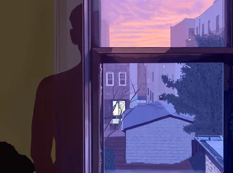 Ventana y mi sombra en la pared al atardecer