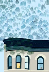 Mujer cepillándose el pelo en una ventana, c.2020-24 (arte digital)