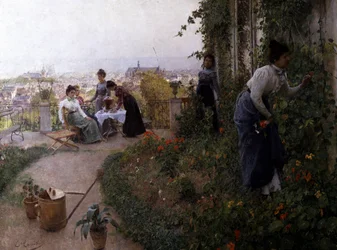 Una tarde de verano en Lieja, Bélgica. Una tarde de verano en Lieja. Unas mujeres toman el té en una terraza. Una de ellas recoge flores. Pintura de Evariste Carpentier (1845-1922 Belga) Colección particular
