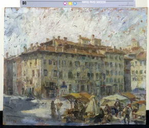 Mercato in Piazza Grande a Modena (Marcha en la Plaza Grande de Módena) (óleo sobre lienzo)