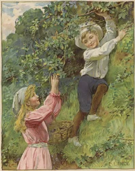 Una niña y un niño recogiendo moras
