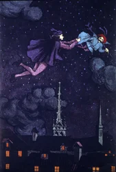 Ilustración para la novela "El diablo cojo" de Alain Rene Lesage (Alain-Rene Le Sage) (1668-1747) (1707). Dibujo de E.Torrent, hacia 1930.