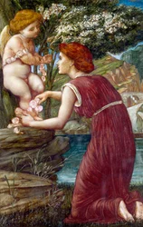 "El culto de Cupido" Joven sosteniendo una estatuilla del dios del amor. Pintura de Evelyn De Morgan (1855-1919) (prerafaelita) Colección particular