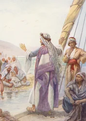 Jesús enseñando desde una barca (litografía en color)