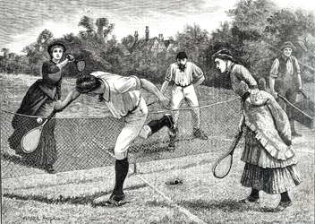 Grabado que representa un amistoso partido de dobles de tenis