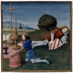 Leyenda artúrica: Lancelot duerme mientras el Santo Grial se aparece a otro caballero, iluminación de Evrard d