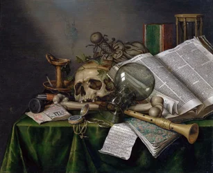 Vanitas - Bodegón con libros, manuscritos y una calavera