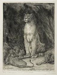 Leona sentada y tres cachorros, 1888