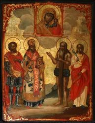 Los santos seleccionados ante el icono de Nuestra Señora de Kazán, finales del siglo XVIII