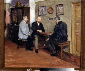 Los jugadores de damas. Pintura de Evgeni Iosifovich Bukovetsky (1866-1948). Óleo sobre lienzo, 71 x 80 cm