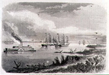 Un vapor y un remolcador en el Mississippi, grabado por Stephane Pannemaker (1847-1930) (grabado)