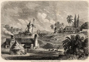 Una fábrica de azúcar en Guadalupe, para ilustrar los viajes a las Indias Occidentales, en 1858-1859, por Anthony Trollope. Grabado en "Le tour du monde, nuevo diario de viajes" París